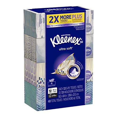 Kleenex Ultra Soft Facial Tissue Regular 120 count (Pack of 4), 3 ply, White, 480 Tissues total