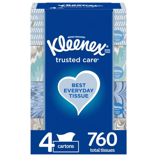 Kleenex Trusted Care Everyday Facial Tissues, 4 Flat Boxes (760 Total Tissues)